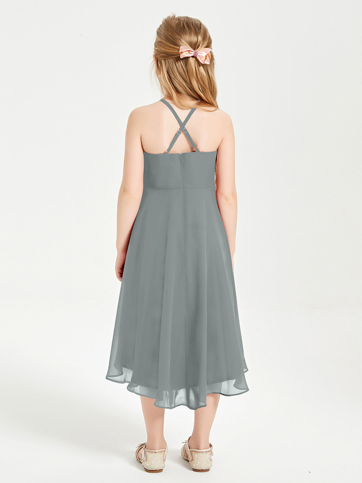 Tea Length Junior Bridesmaid Dresses with Asymmetrical Skirts Steel Grey